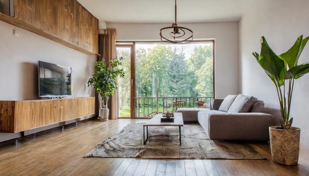 Modern mid century and minimalist interior of living room, empty room, 3d render