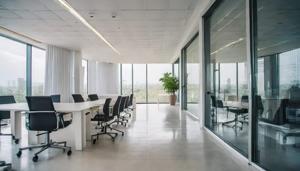 Modern minimal white office corridor or hallway interior with a large window though the meeting room
