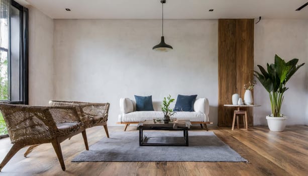 Modern mid century and minimalist interior of living room, empty room, 3d render