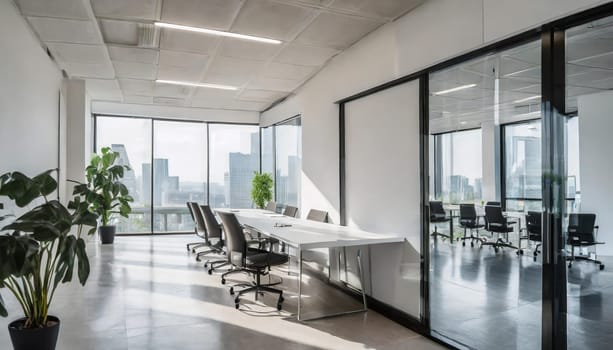 Modern minimal white office corridor or hallway interior with a large window though the meeting room