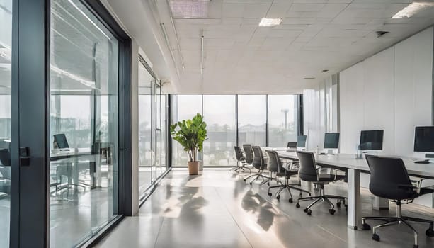 Modern minimal white office corridor or hallway interior with a large window though the meeting room