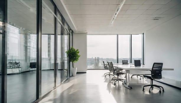 Modern minimal white office corridor or hallway interior with a large window though the meeting room