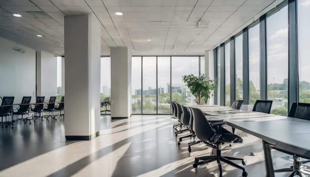 Modern minimal white office corridor or hallway interior with a large window though the meeting room