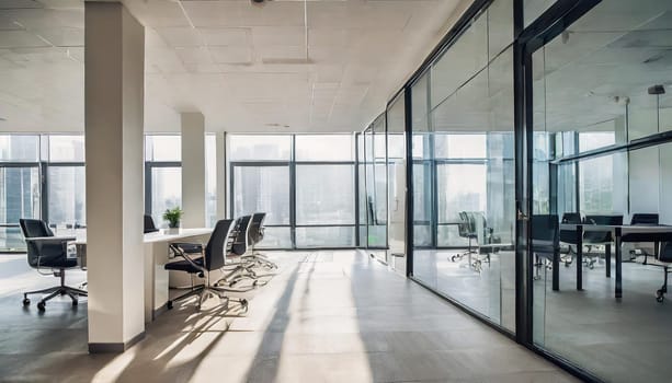 Modern minimal white office corridor or hallway interior with a large window though the meeting room