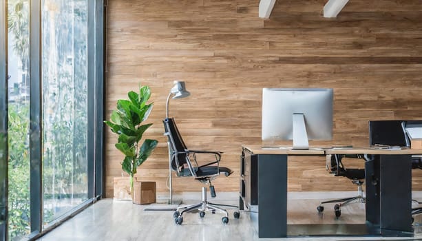Modern office interior with blank wooden wall.