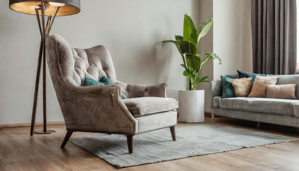 Modern interior japandi style design livingroom. Lighting and sunny scandinavian apartment