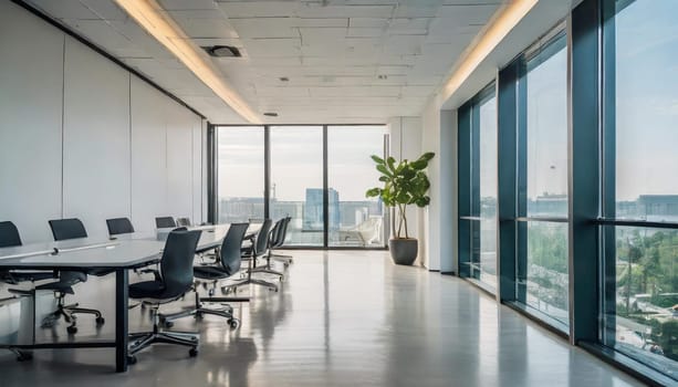 Modern minimal white office corridor or hallway interior with a large window though the meeting room