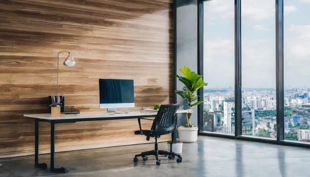 Modern office interior with blank wooden wall.