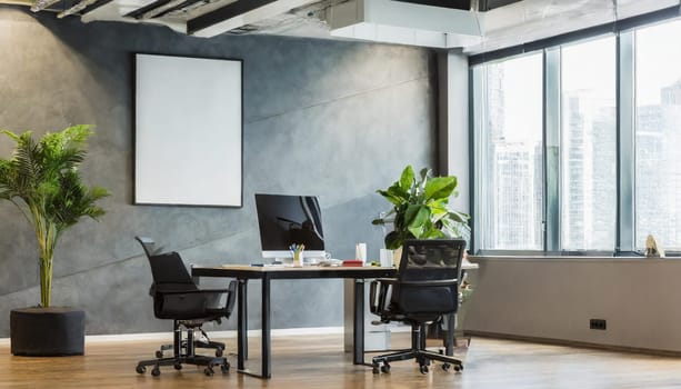 Modern coworking office with empty white poster