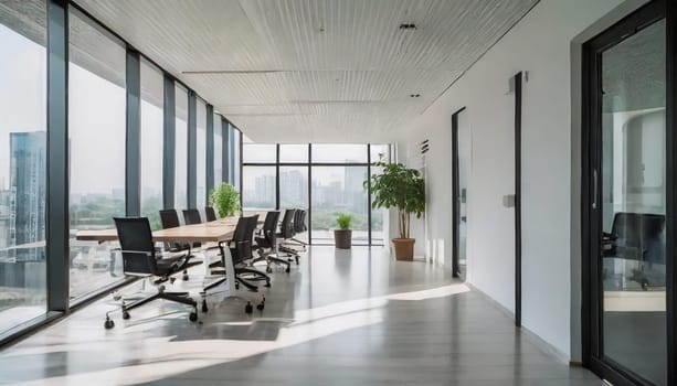 Modern minimal white office corridor or hallway interior with a large window though the meeting room