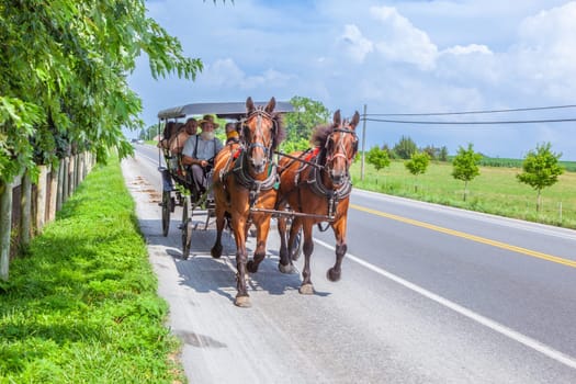 Lancaster, USA - July 13, 2010: Amish people ride in their horse carts in Lancaster, USA. Amish people don't use electricity as well as cars. They life the traditional way of the 17th century.