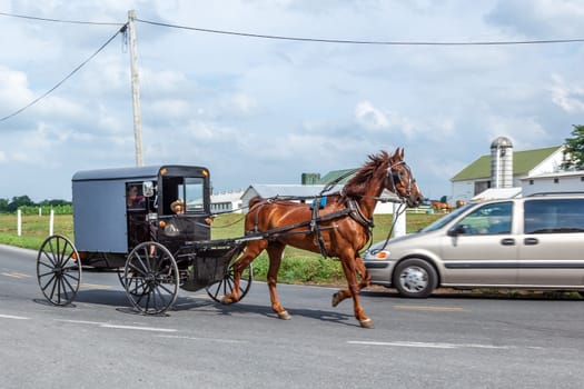 Lancaster, USA - July 13, 2010: Amish people ride in their horse carts in Lancaster, USA. Amish people don't use electricity as well as cars. They life the traditional way of the 17th century.