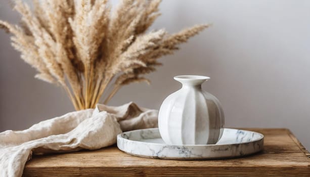 modern white ceramic vase with dry lagurus ovatus grass and marble tray on vintage wooden bench table blurred beige linen blanket in front scandinavian interior empty white wall copy space
