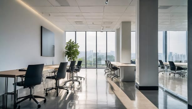 Modern minimal white office corridor or hallway interior with a large window though the meeting room