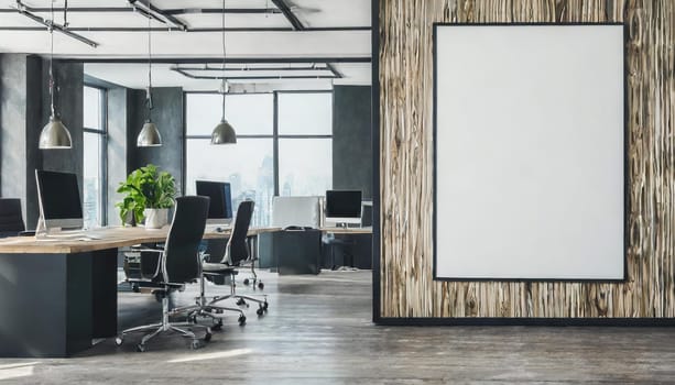 Modern coworking office with empty white poster