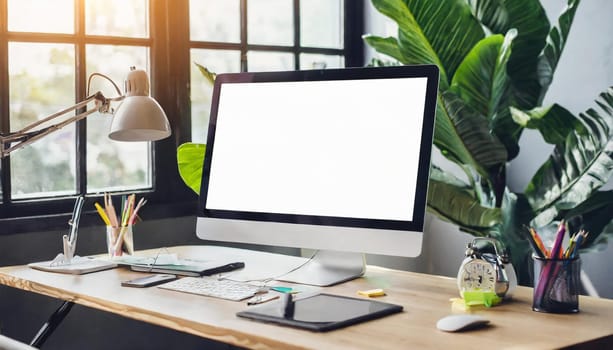 Modern personal computer with blank white screen, keyboard, mobile phone and office accessories on desk at workplace of graphic designer, blogger. Electronic devices, technology and creativity