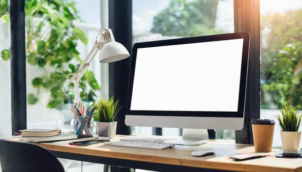 Modern personal computer with blank white screen, keyboard, mobile phone and office accessories on desk at workplace of graphic designer, blogger. Electronic devices, technology and creativity