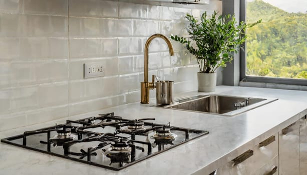 Contemporary kitchen with white countertop, gas stove, and sink.