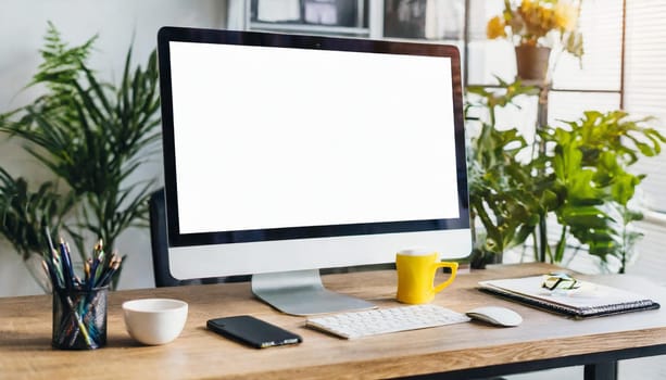 Modern personal computer with blank white screen, keyboard, mobile phone and office accessories on desk at workplace of graphic designer, blogger. Electronic devices, technology and creativity