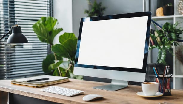 Modern personal computer with blank white screen, keyboard, mobile phone and office accessories on desk at workplace of graphic designer, blogger. Electronic devices, technology and creativity