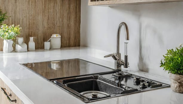 Contemporary kitchen with white countertop, gas stove, and sink.
