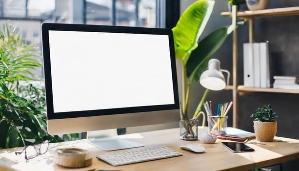 Modern personal computer with blank white screen, keyboard, mobile phone and office accessories on desk at workplace of graphic designer, blogger. Electronic devices, technology and creativity
