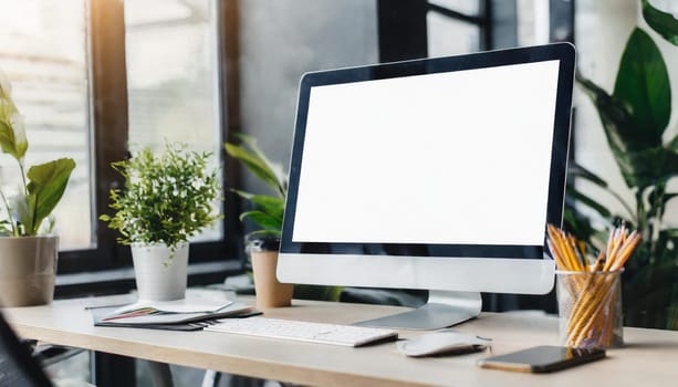 Modern personal computer with blank white screen, keyboard, mobile phone and office accessories on desk at workplace of graphic designer, blogger. Electronic devices, technology and creativity