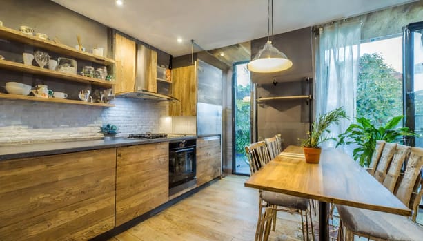 Cozy studio apartment with inviting interior featuring a comfortable brown sofa curtains and a cream colored kitchen with an island