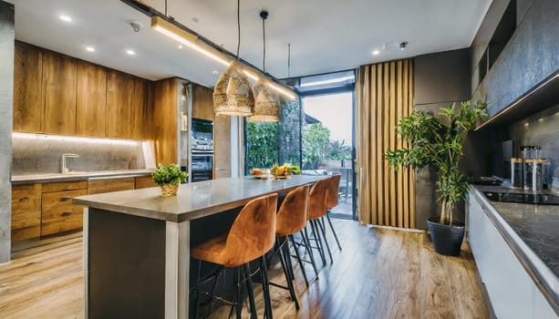 Cozy studio apartment with inviting interior featuring a comfortable brown sofa curtains and a cream colored kitchen with an island