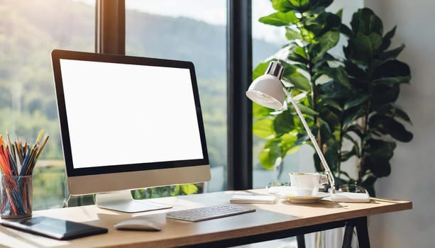 Modern personal computer with blank white screen, keyboard, mobile phone and office accessories on desk at workplace of graphic designer, blogger. Electronic devices, technology and creativity