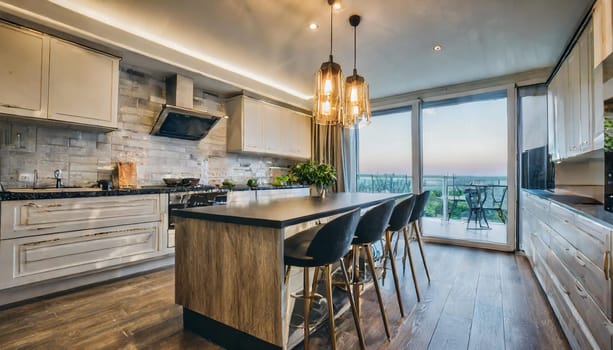 Cozy studio apartment with inviting interior featuring a comfortable brown sofa curtains and a cream colored kitchen with an island