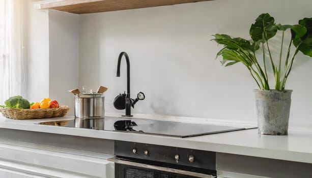Contemporary kitchen with white countertop, gas stove, and sink.