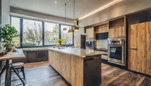 Cozy studio apartment with inviting interior featuring a comfortable brown sofa curtains and a cream colored kitchen with an island