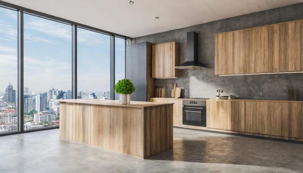 Luxurious white kitchen and living room in a big house,Modern wood and concrete kitchen interior with empty mock up place on wall, island, appliances and window with city view and daylight