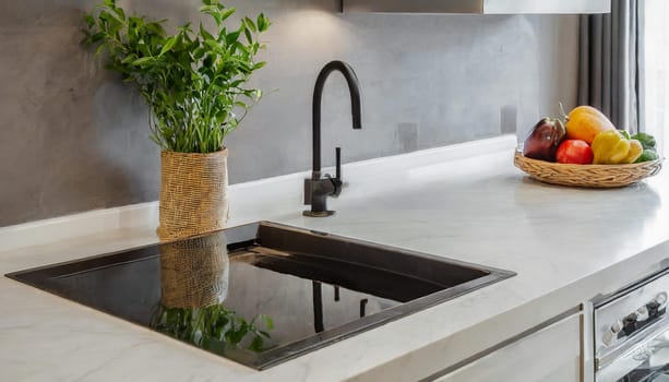 Contemporary kitchen with white countertop, gas stove, and sink.