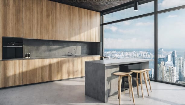Luxurious white kitchen and living room in a big house,Modern wood and concrete kitchen interior with empty mock up place on wall, island, appliances and window with city view and daylight