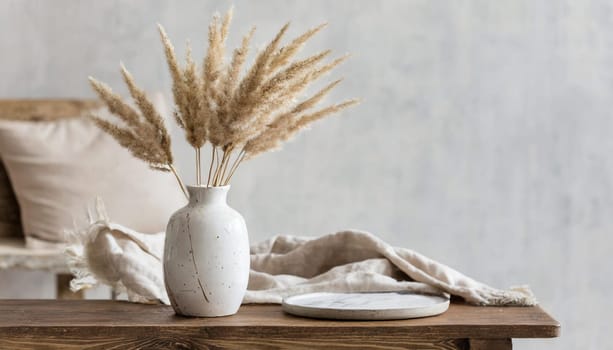 modern white ceramic vase with dry lagurus ovatus grass and marble tray on vintage wooden bench table blurred beige linen blanket in front scandinavian interior empty white wall copy space