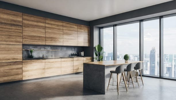 Luxurious white kitchen and living room in a big house,Modern wood and concrete kitchen interior with empty mock up place on wall, island, appliances and window with city view and daylight