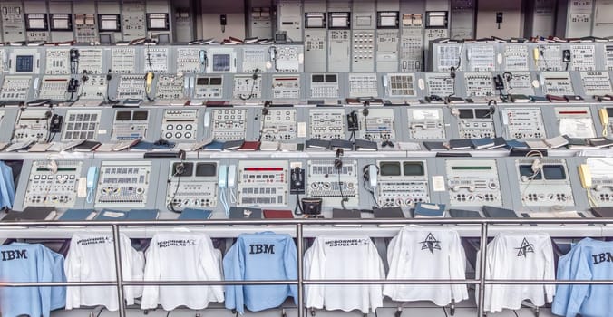 Orlando, USA - July 25, 2010: Apollo 1960s mission control equipment on display in Kennedy Space Center, USA