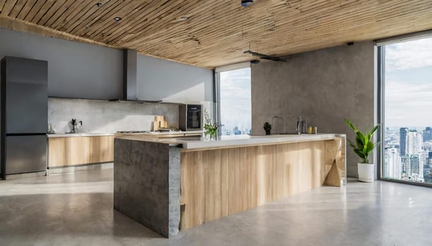 Luxurious white kitchen and living room in a big house,Modern wood and concrete kitchen interior with empty mock up place on wall, island, appliances and window with city view and daylight