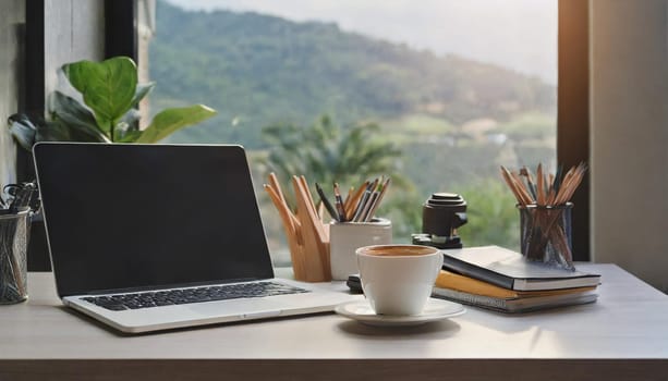 Modern workplace with laptop computer, coffee cup and office supplies