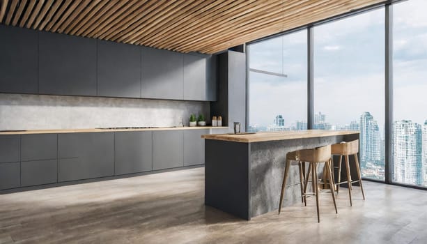 Luxurious white kitchen and living room in a big house,Modern wood and concrete kitchen interior with empty mock up place on wall, island, appliances and window with city view and daylight