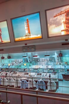 Orlando, USA - July 25, 2010: Apollo 1960s mission control equipment on display in Kennedy Space Center, USA