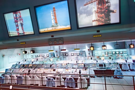 Orlando, USA - July 25, 2010: Apollo 1960s mission control equipment on display in Kennedy Space Center, USA