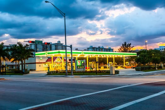 Miami, USA - July 30, 2010:  open petrol station by night in Miami, USA.