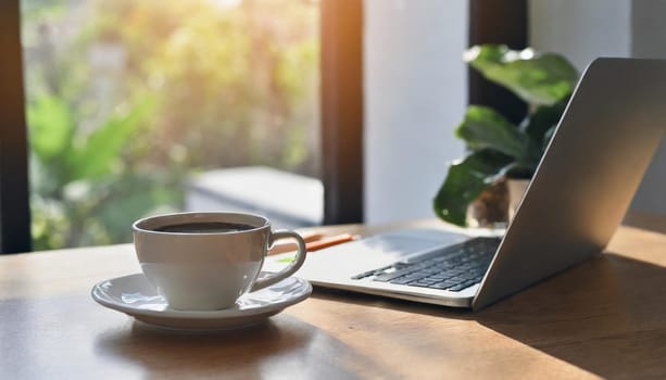Modern workplace with laptop computer, coffee cup and office supplies