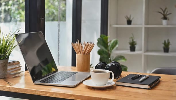 Modern workplace with laptop computer, coffee cup and office supplies