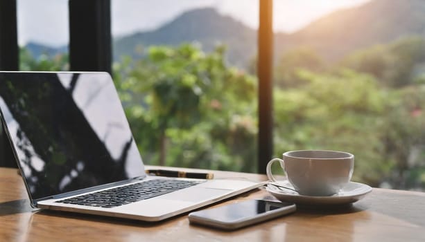 Modern workplace with laptop computer, coffee cup and office supplies