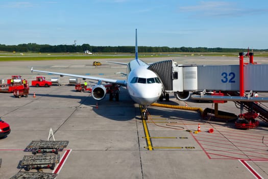 Frankfurt, Germany - June 22, 2011: aircraft at the gate in Hamburg airport.