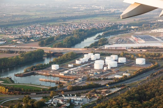 Raunheim, Germany - September 29, 2014: approaching Frankfurt airport with view to the oil station with big tanks in Raunheim, Germany.